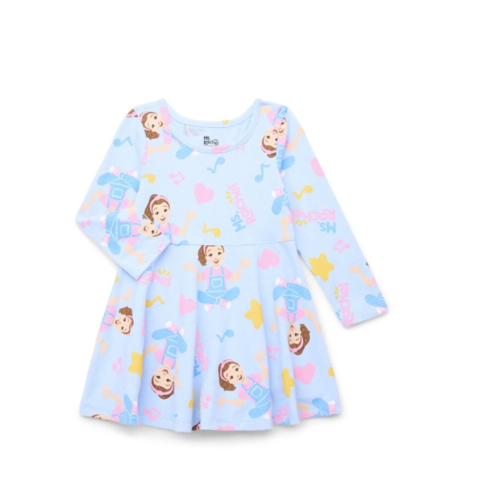 Ms. Rachel Toddler Girls Print Dress Long Sleeve (5T) Blue Crewneck Pullover
